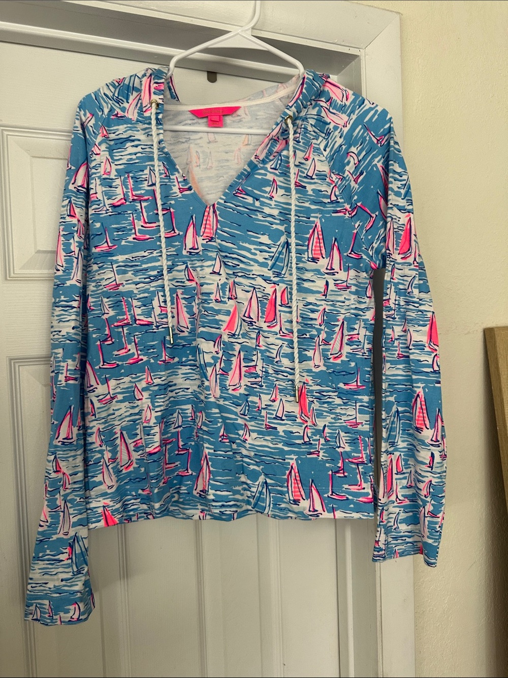 Lilly Pulitzer Blue Hooded Rashguard with Pink & White Sailboat Print